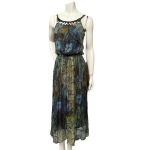 Fairycore‎ Silk Blend Midi Dress Green Blue Lined Fairycore Whimsigoth Boho S